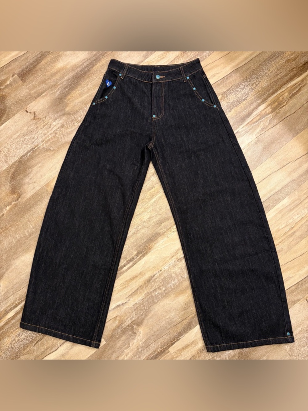 Aelfric Eden Dark Wash Baggy Barrel Rivet Raw Contrast Stitching Jeans Unisex 28